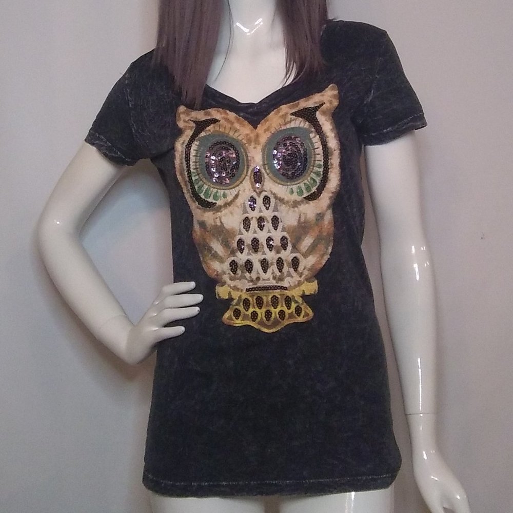 Crystal Saint Acid Wash Owl Tee